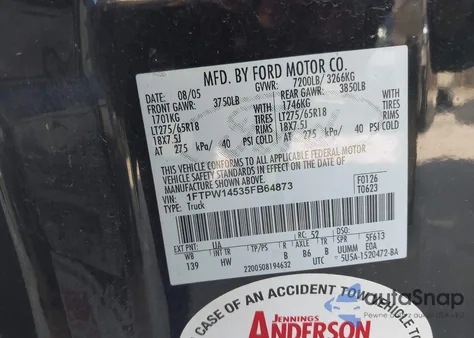 2005 Ford F-150 Fx4/Lariat/Xlt z USA, uszkodzony, nr VIN 1FTPW14535FB64873